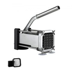 Stainless steel French fry cutter with a 1/2" blade and ergonomic lever handle for easy use.