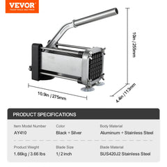 Stainless steel French fry cutter with a 1/2" blade and ergonomic lever handle for easy use.