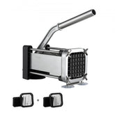 Stainless steel French fry cutter with 1/2-inch and 3/8-inch blades and suction base.