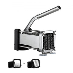 Stainless steel French fry cutter with 1/2-inch and 3/8-inch blades and suction base.