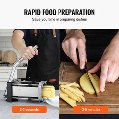 Stainless steel French fry cutter with 1/2 and 3/8 inch blades, shown slicing potatoes quickly versus manual cutting.