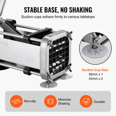 Stainless steel French fry cutter with 1/2-inch and 3/8-inch blades and suction cup base.