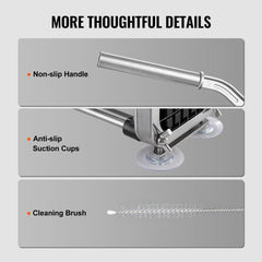 Stainless steel French fry cutter with non-slip handle, anti-slip suction cups, and cleaning brush.