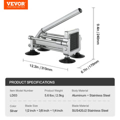 Stainless steel French fry cutter with three interchangeable blades for various vegetables.