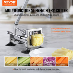 Stainless steel French fry cutter with two blades for uniform cuts of potatoes and veggies.