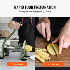 Stainless steel French fry cutter with ergonomic handle and suction cup feet for stability.