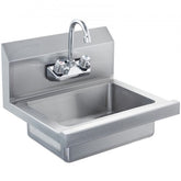 Wall mount stainless steel hand sink with a 360° faucet and high backsplashes.