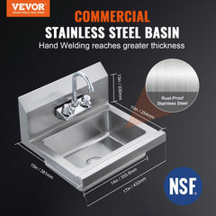 Wall-mounted stainless steel hand sink with a 360° rotatable faucet and high backsplashes.