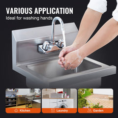 Wall-mounted stainless steel hand sink with a 360° faucet and high backsplashes.