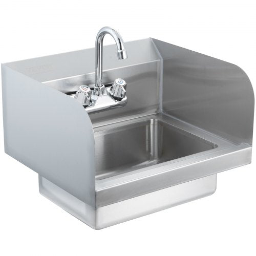 Stainless steel wall-mounted hand sink with a 360° faucet and three high backsplashes.