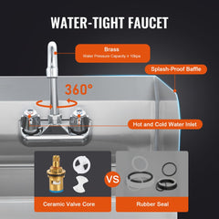 Stainless steel wall-mounted hand sink with 360° faucet and three high backsplashes.