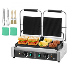 Electric sandwich maker with a 19"x9" cooking surface and stainless steel construction.