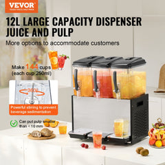 Three 12L cold juice tanks with wide spouts for efficient beverage dispensing.