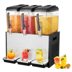 Bostome Commercial Beverage Dispenser with three 12L tanks for serving cold juice drinks.