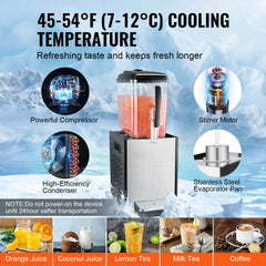 Stainless steel 12L commercial cold beverage dispenser with compressor cooling to 45-54°F.