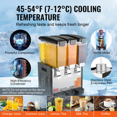 Commercial beverage dispenser with three 10L cold juice tanks and compressor cooling.