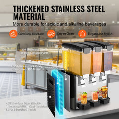 Commercial beverage dispenser with three 10L cold juice tanks made of stainless steel and polycarbonate.