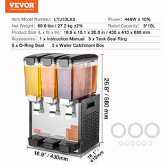 3-tank commercial beverage dispenser with 10L cold juice tanks and dimensions.
