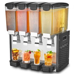 Bostome Commercial Cold Beverage Dispenser with four 10L clear tanks and stainless steel design.