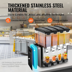 Bostome Commercial Cold Beverage Dispenser with four 10L clear tanks for juice drinks.