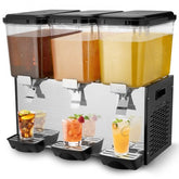 Three-tank beverage dispenser with clear 18L tanks and stainless steel casing for cold drinks.