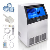 A stainless steel commercial ice maker with a blue-lit interior and ice, plus accessories.