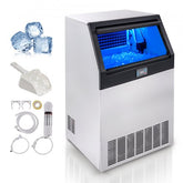White commercial freestanding ice maker with 88 lbs storage, producing clear ice cubes, plus scoop and filter accessories.