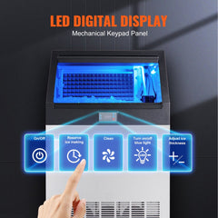 Commercial ice maker with LED display, mechanical keypad, and control buttons for on/off, cleaning, and ice thickness.
