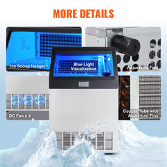 Commercial ice maker with blue light display, ice scoop hanger, DC fan, and copper tube details.