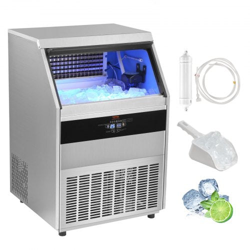 Freestanding Bostome Commercial Ice Maker with stainless steel exterior and 130lbs storage capacity.