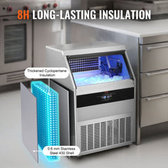 Freestanding Bostome commercial ice maker with stainless steel exterior and 130lbs storage capacity.