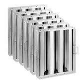 Stack of stainless steel baffle filters for range hoods, 15.5x19.5 inches.