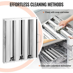 Stainless steel range hood baffle filter with cleaning instructions: soap and water or dishwasher.