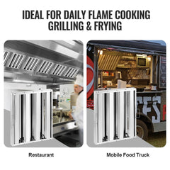 Stainless steel commercial range hood baffle filter installed in restaurant and food truck kitchens.