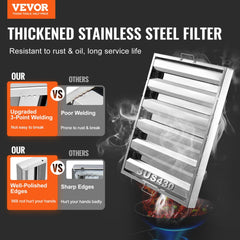 Stainless steel baffle filter for commercial range hood, 24.5"x19.5" with grease grooves.