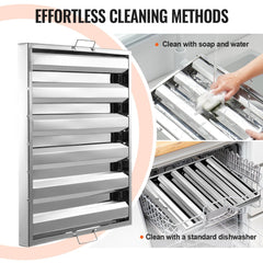 Stainless steel baffle filter for commercial range hood, 24.5"x19.5" with two side handles.