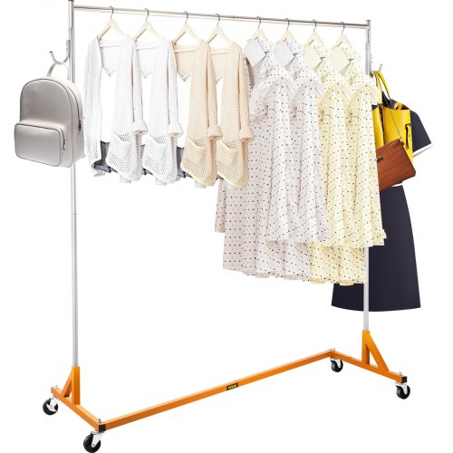 Height adjustable orange steel garment rack with double hooks and swivel casters.