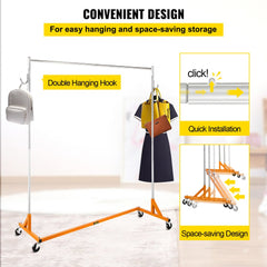 Height adjustable orange steel garment rack with double hooks and four swivel casters.