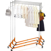 Height adjustable orange steel garment rack with double hooks and swivel casters.