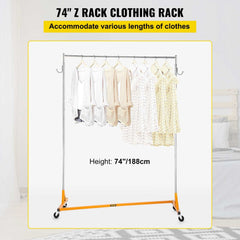 Height adjustable orange steel garment rack with double hooks and swivel casters.