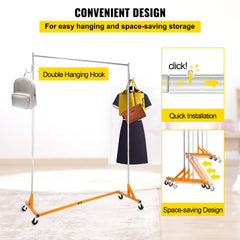 Height adjustable orange steel garment rack with double hooks and swivel casters.