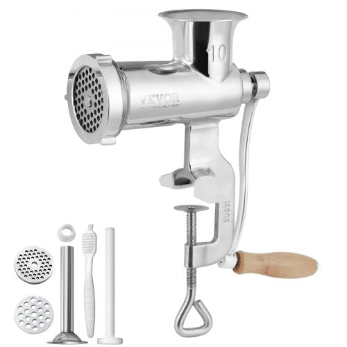 Stainless steel manual meat grinder with tabletop clamp, sausage stuffer, and ergonomic handle.