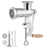 Stainless steel manual meat grinder with tabletop clamp, sausage stuffer, and ergonomic handle.