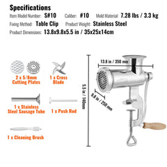 Stainless steel manual meat grinder with tabletop clamp and sausage stuffing tube.