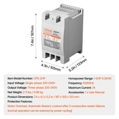 A gray 2HP 7A 3 phase converter with dimensions 7.4 x 4.1 x 5.2 inches.