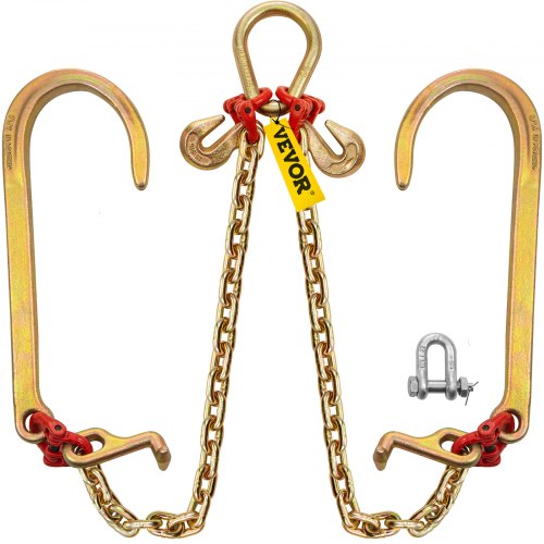 Yellow Grade 80 V-bridle chain with 5/16 in links, 2 ft length, grab hooks, and shackles.