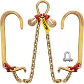 Yellow Grade 80 V-bridle chain with 5/16 in links, 2 ft length, grab hooks, and shackles.