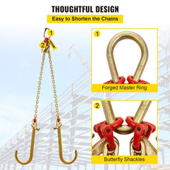 Grade 80 V-bridle chain with 5/16 inch links, 2 ft length, yellow tags, master ring, and butterfly shackles.