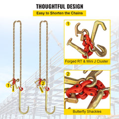 Bostome G80 J Hook Bridle Tow Chain, 11.5ft long, made of alloy steel with J hooks and grab hooks.