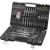 Bostome 116-piece tap and die set with taps, dies, wrenches, and a portable storage case.